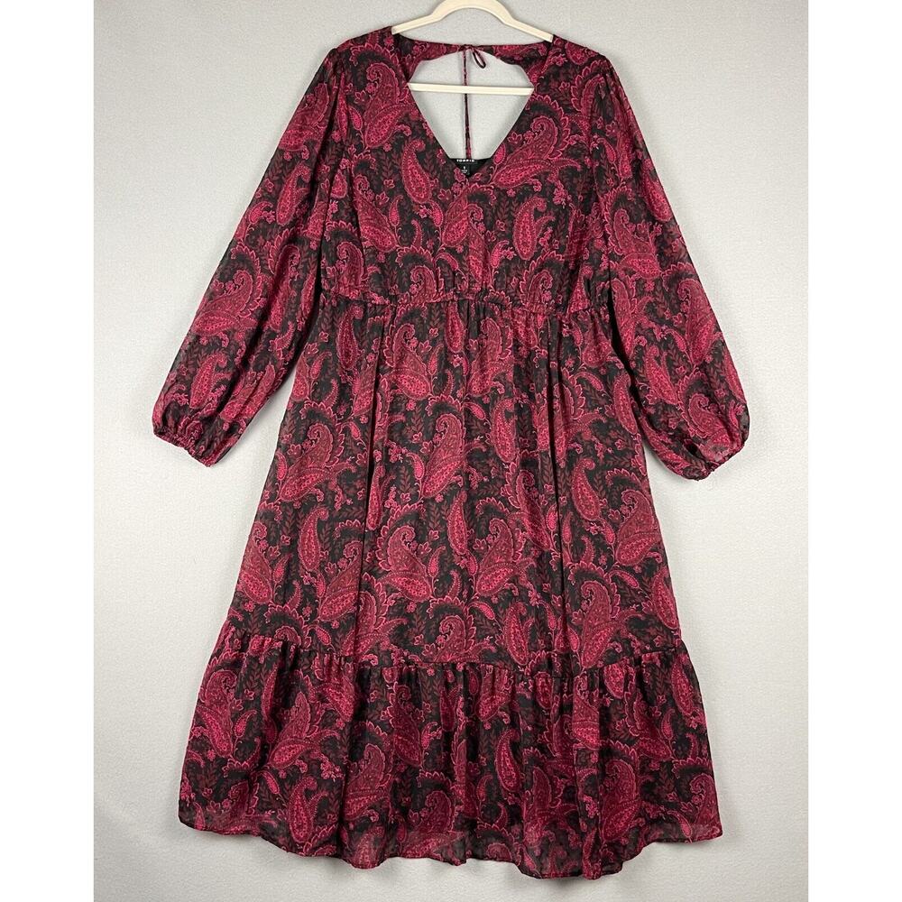 Torrid Tea Length Clip Dot Open Back A-Line Dress Womens 1X Burgundy Paisley